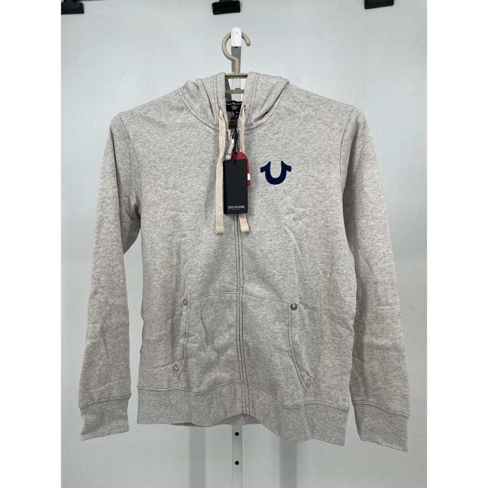 True Religion Mens Classic Logo Zip Up Hoodie XL Oatmeal Graphics Print 103069